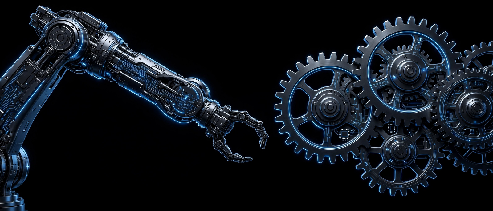 Blue-lit robotic arm and gears on a black background